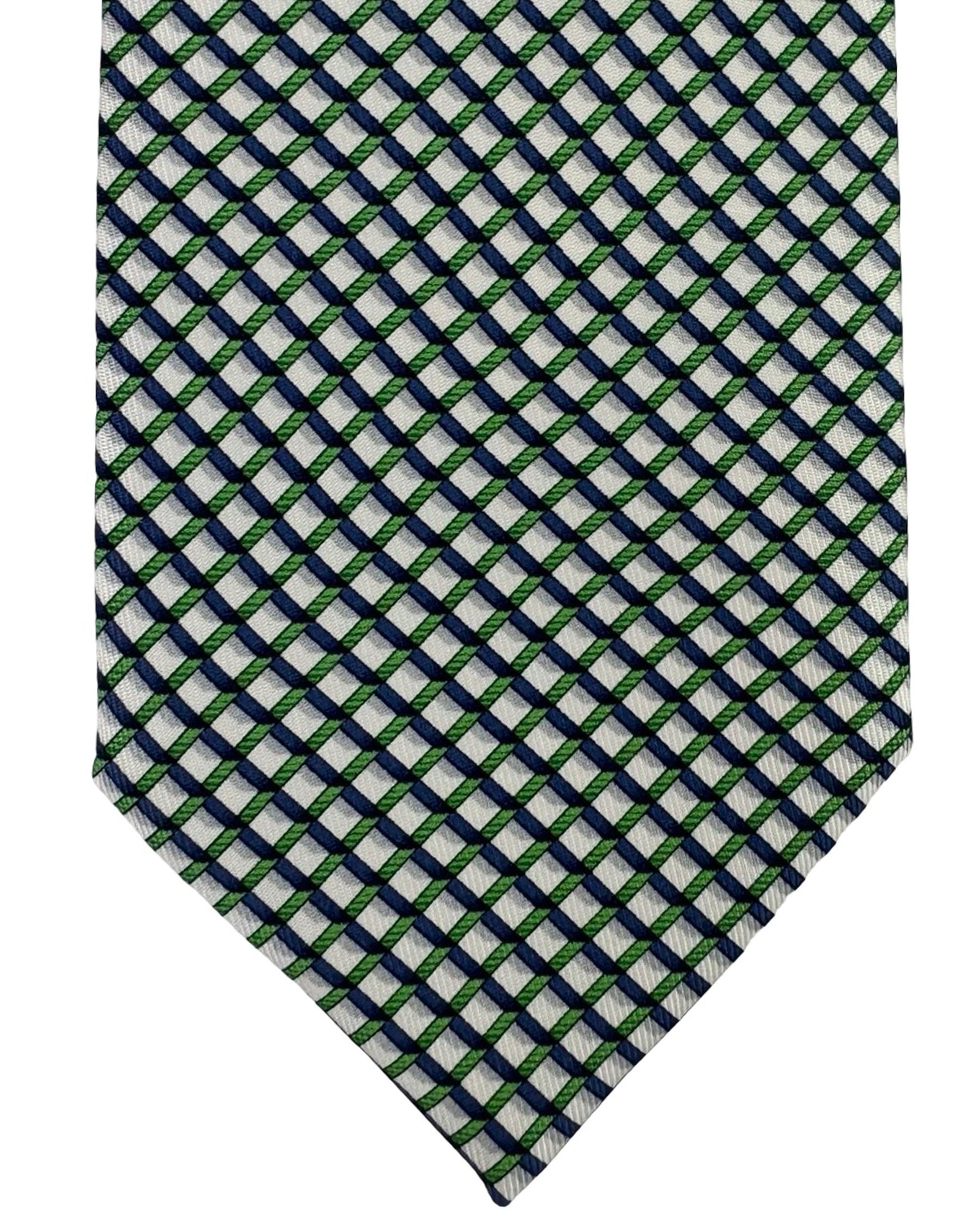 Brioni Silk Tie White Royal Blue Green Woven Grid Pattern