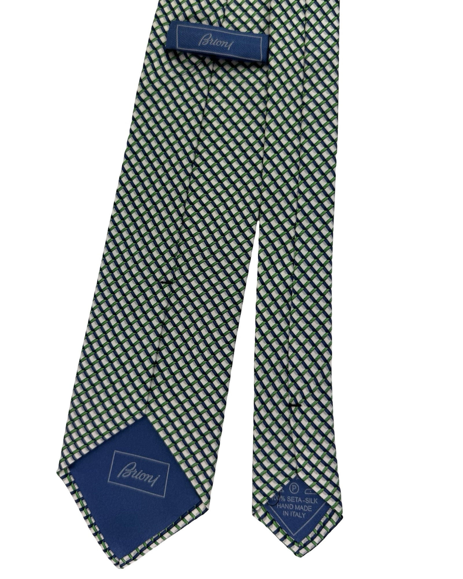 Brioni Silk Tie White Royal Blue Green Woven Grid Pattern