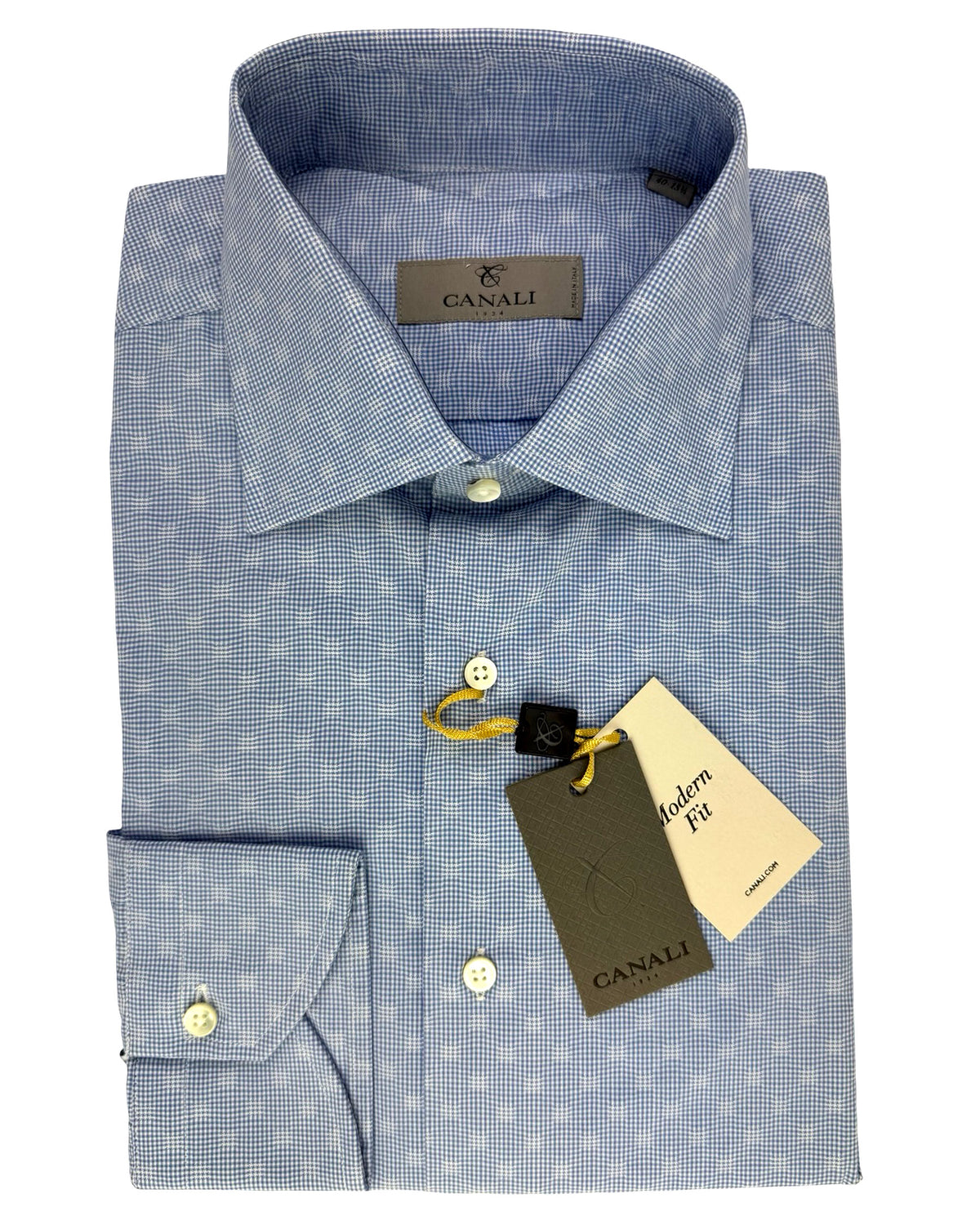 Canali Dress Shirt White Blue Mini Check Houndstootth Spot