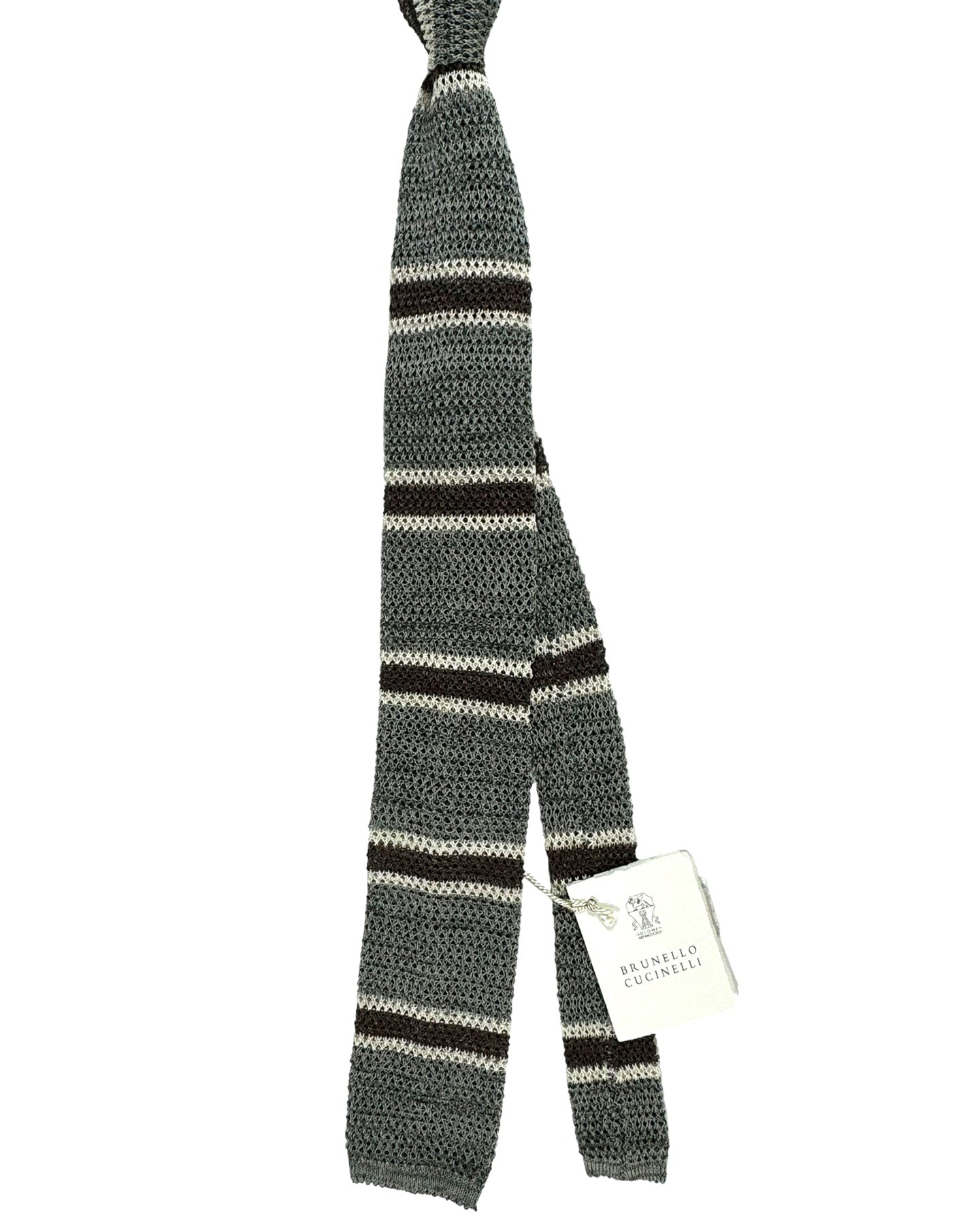 Brunello Cucinelli Square End Knitted Tie Gray Horizontal Stripes