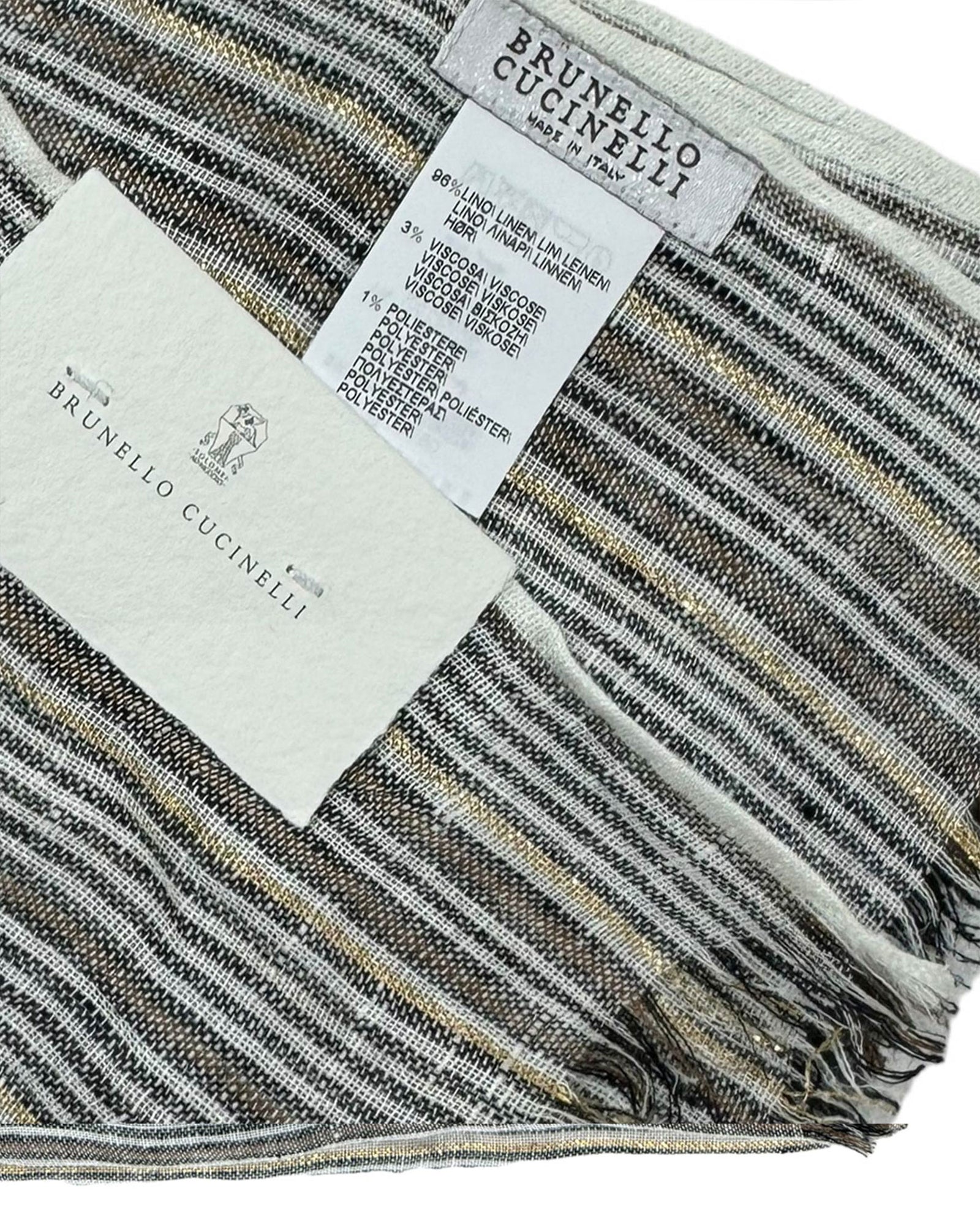 Brunello Cucinelli Scarf White Brown Black Gold Stripes - Linen Men Shawl SALE