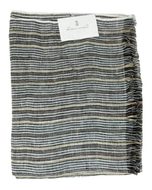 Brunello Cucinelli Scarf White Brown Black Gold Stripes - Linen Men Shawl SALE