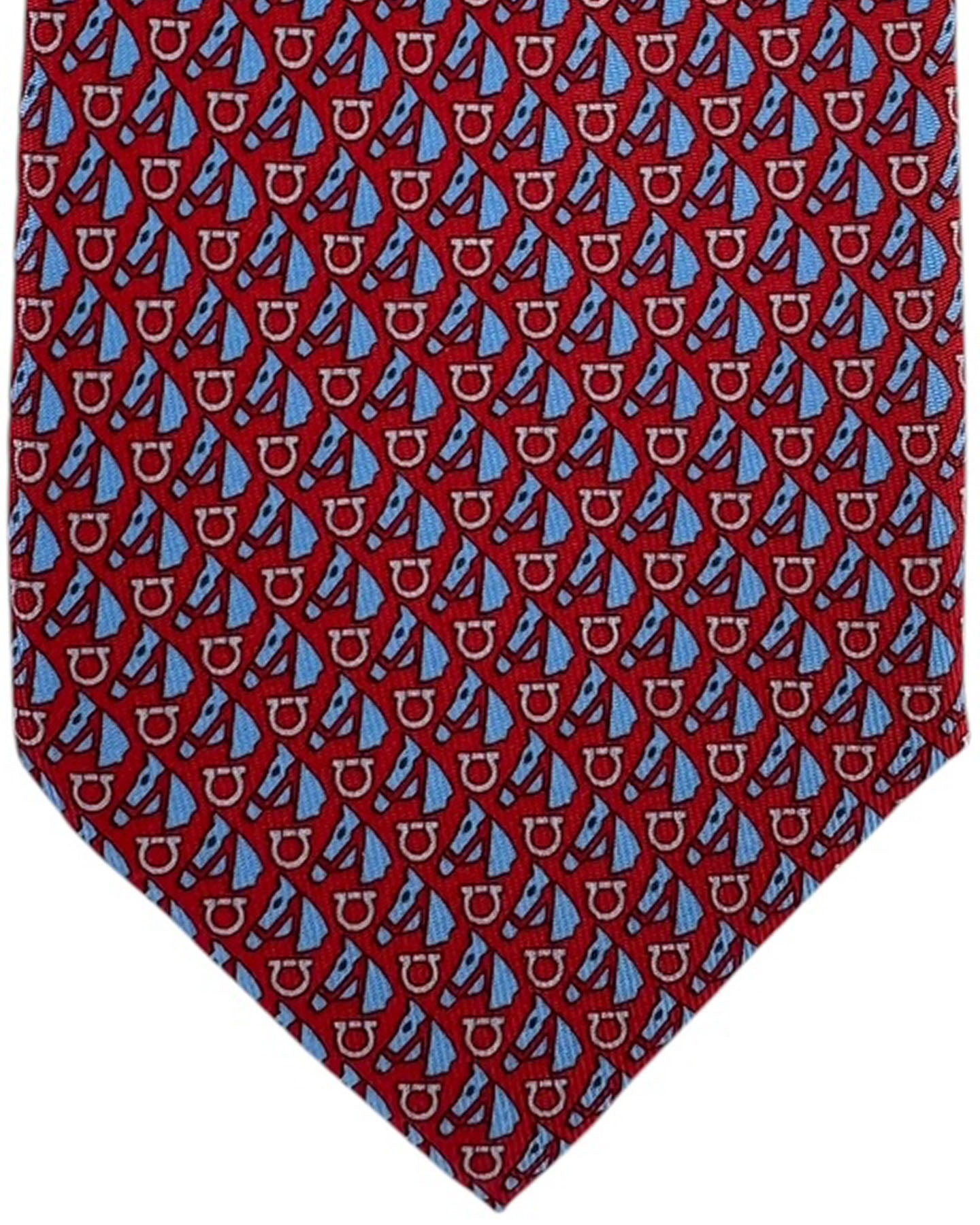 Salvatore Ferragamo Tie Red With Blue Horse And Gancini Pattern
