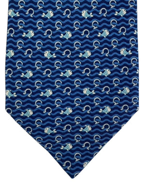 Salvatore Ferragamo Tie Navy Blue With Fish And Wave Pattern
