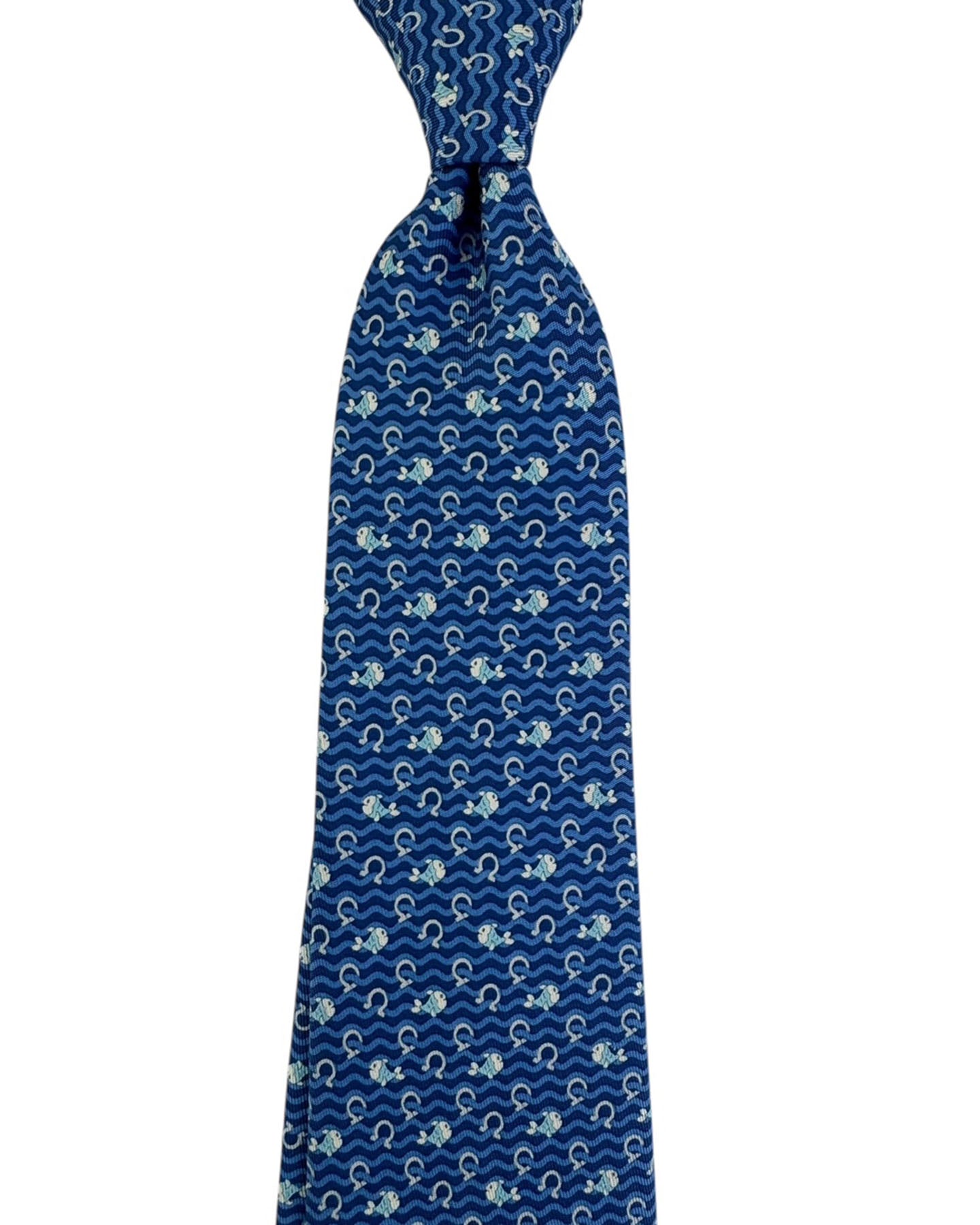 Salvatore Ferragamo Tie Navy Blue With Fish And Wave Pattern