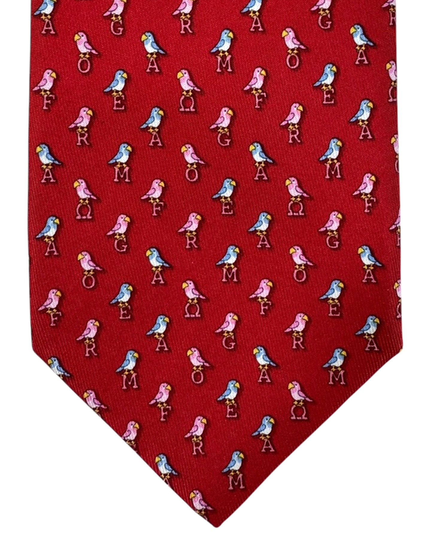 Salvatore Ferragamo Silk Tie Red Letter Logo Letter Birds CYBER MONDAY SALE