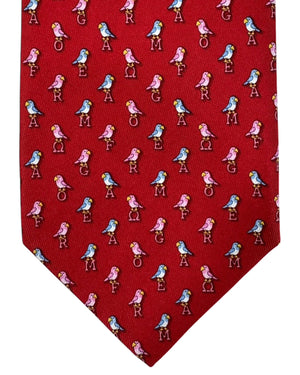 Salvatore Ferragamo Silk Tie Red Letter Logo Letter Birds CYBER MONDAY SALE