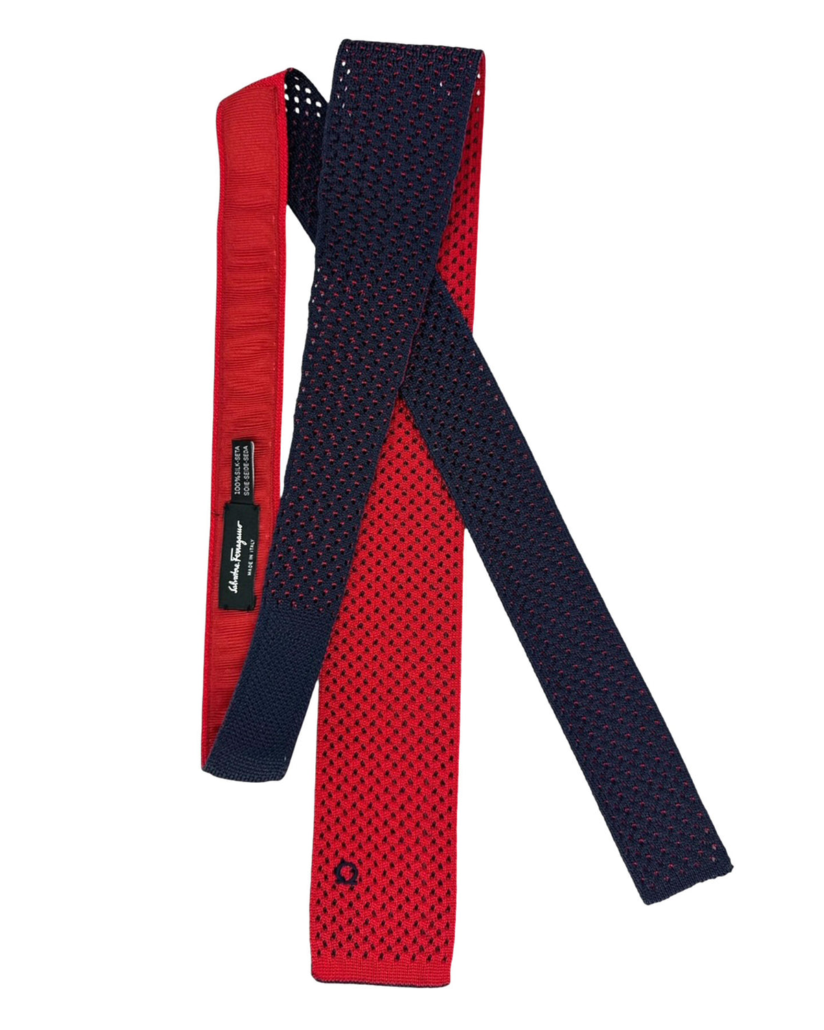 Salvatore Ferragamo Tie Navy Bordeaux Knitted Square End Tie - 2 Sided