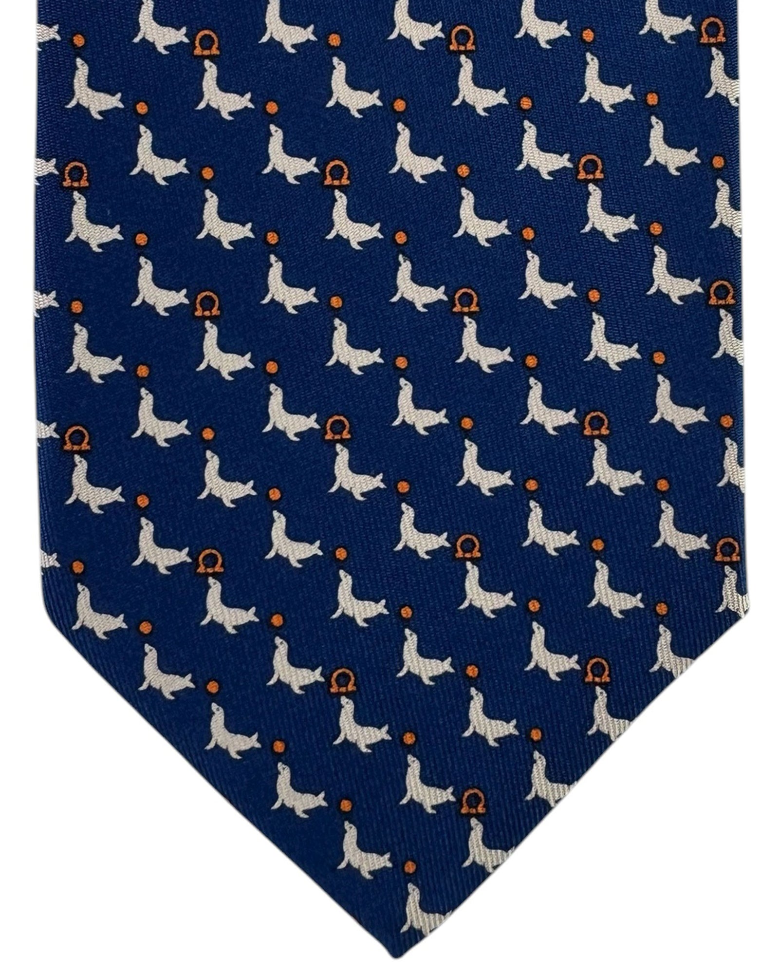 Salvatore Ferragamo Silk Tie Navy Blue Seal & Gancini Pattern - New Collection