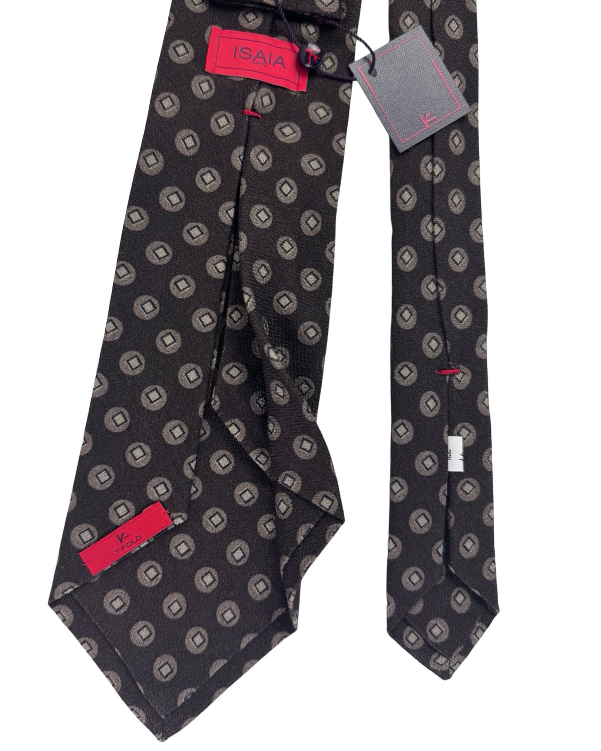 Isaia Sevenfold Tie Brown Geometric Medallion - Wool Silk