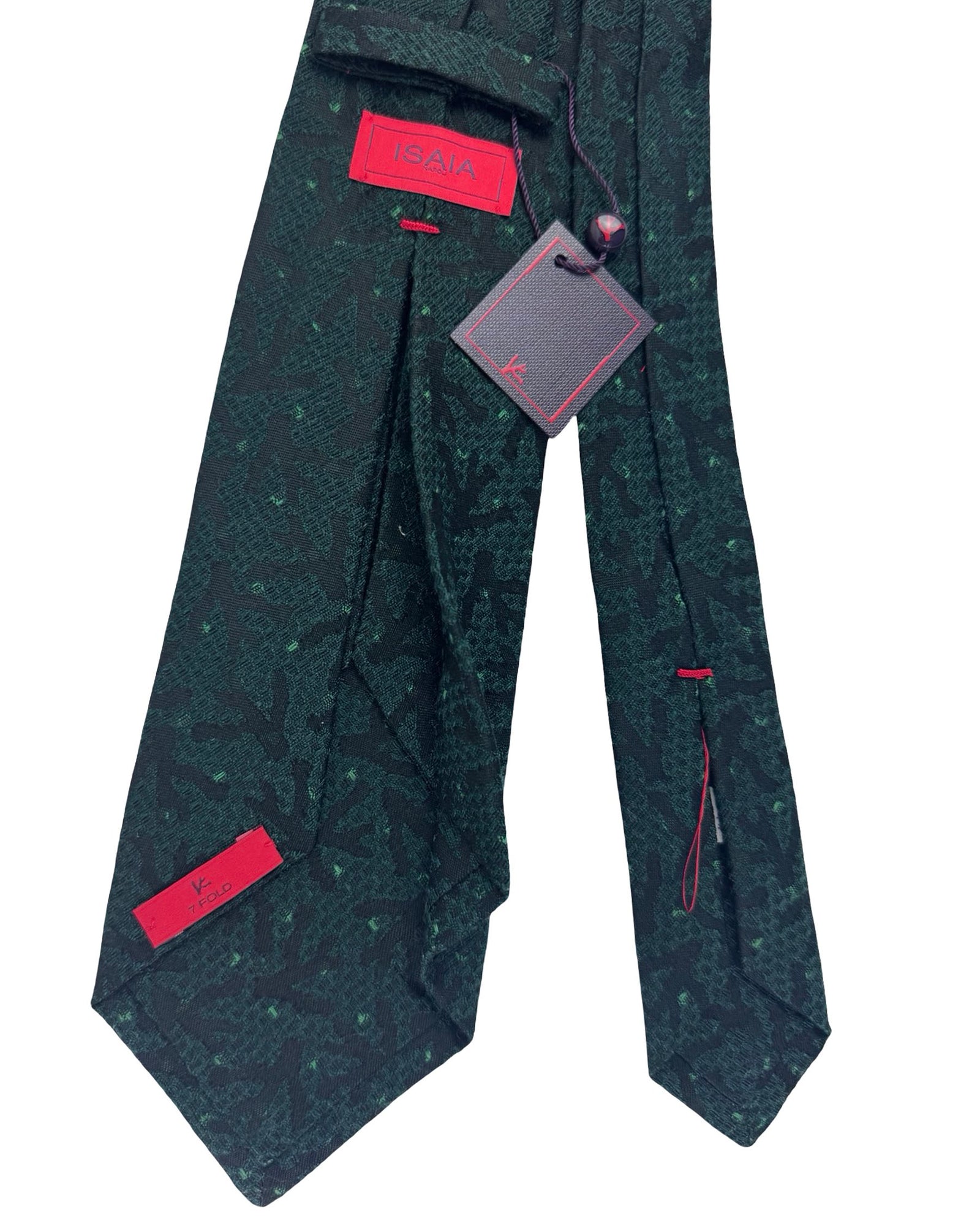 Isaia Sevenfold Tie Dark Green Coral Logo - Wool Silk SALE