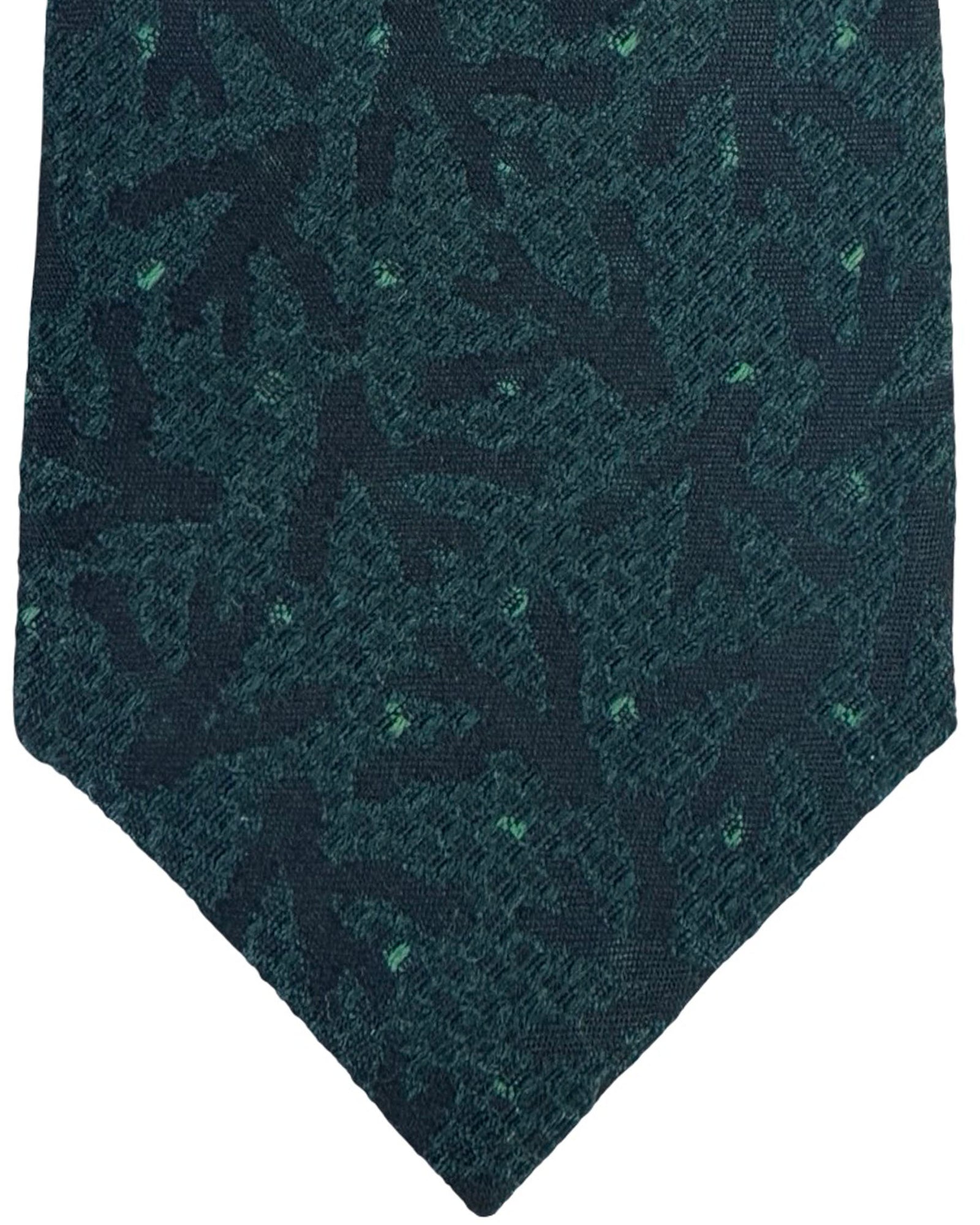 Isaia Sevenfold Tie Dark Green Coral Logo - Wool Silk SALE