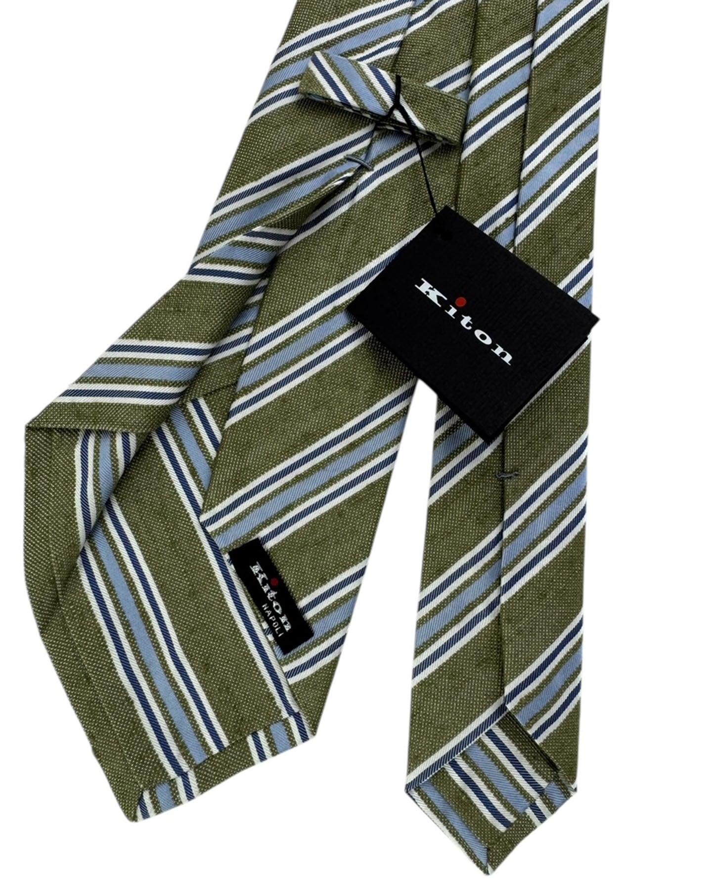 Kiton Sevenfold Tie Olive Green Blue Stripes