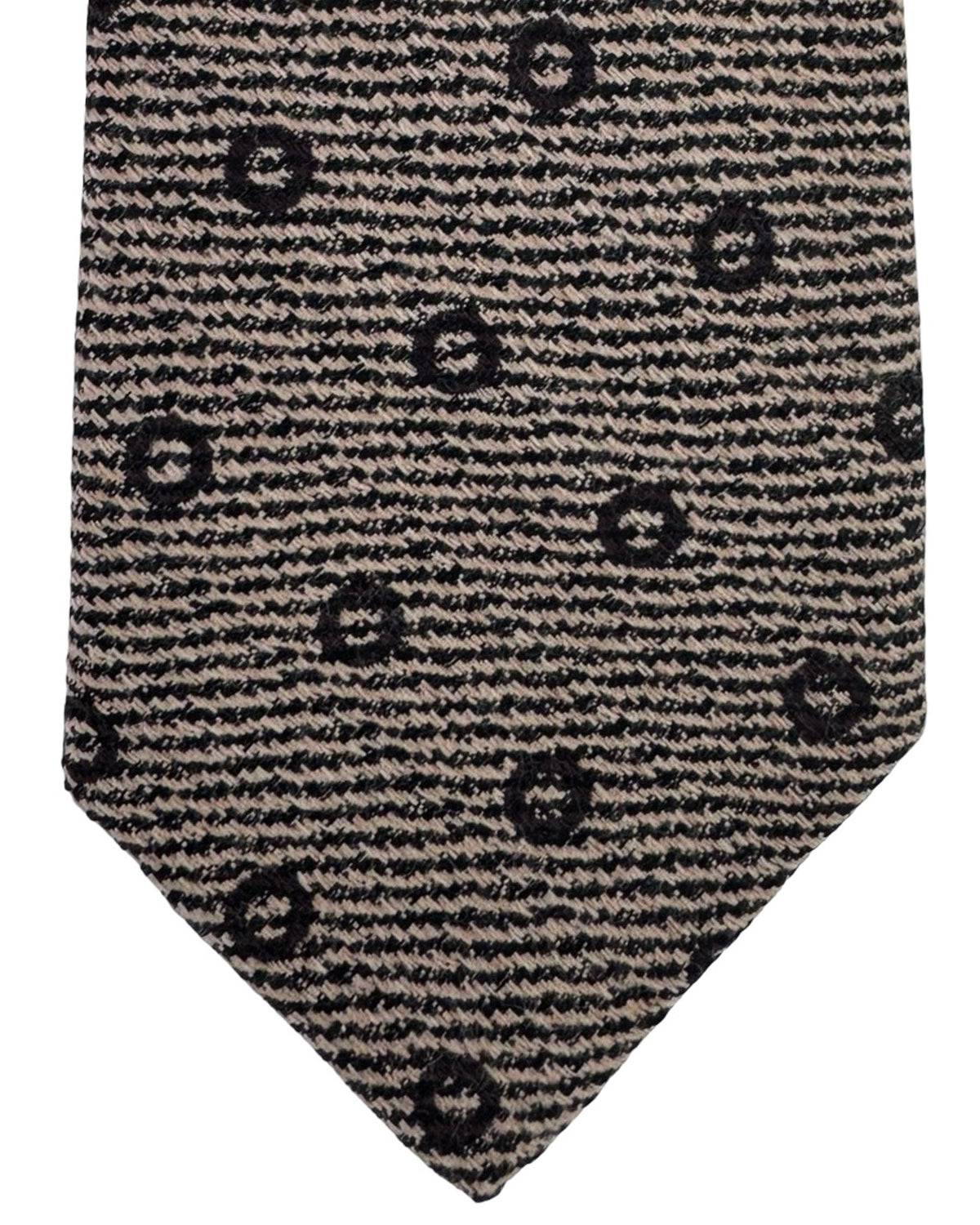 Kiton Sevenfold Tie Beige Black Circles - Wool Silk SALE