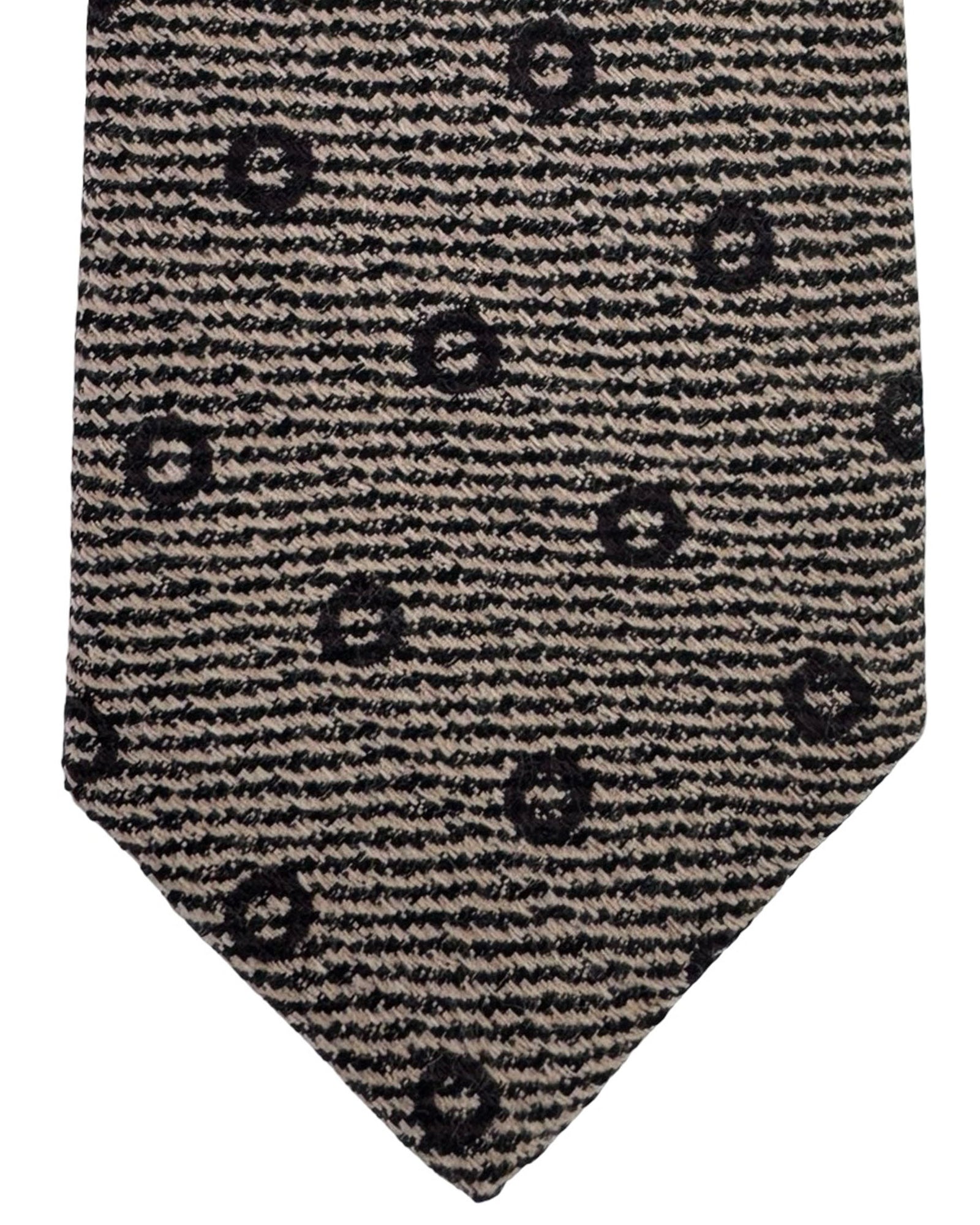 Kiton Sevenfold Tie Beige Black Circles - Wool Silk SALE
