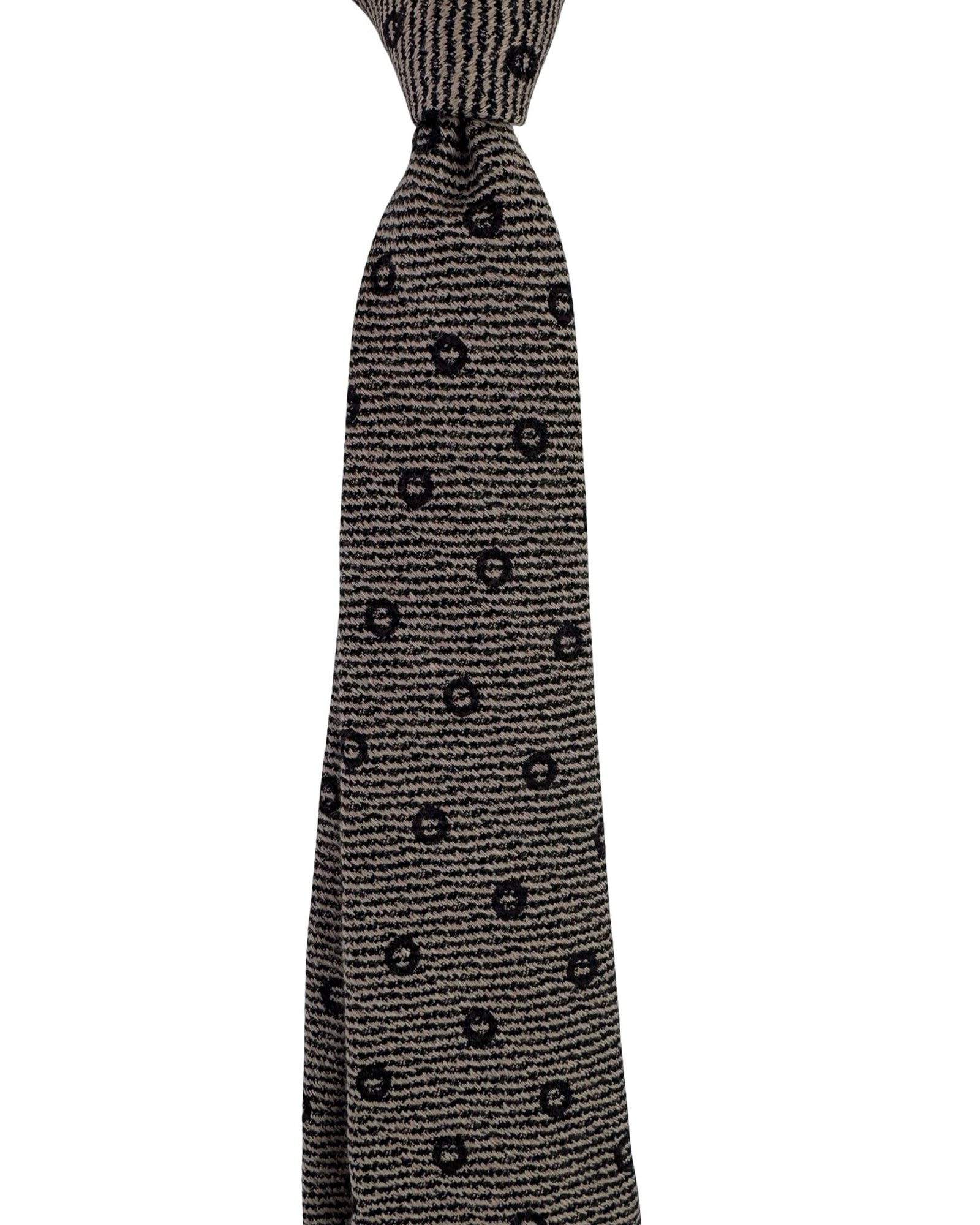 Kiton Sevenfold Tie Beige Black Circles - Wool Silk SALE