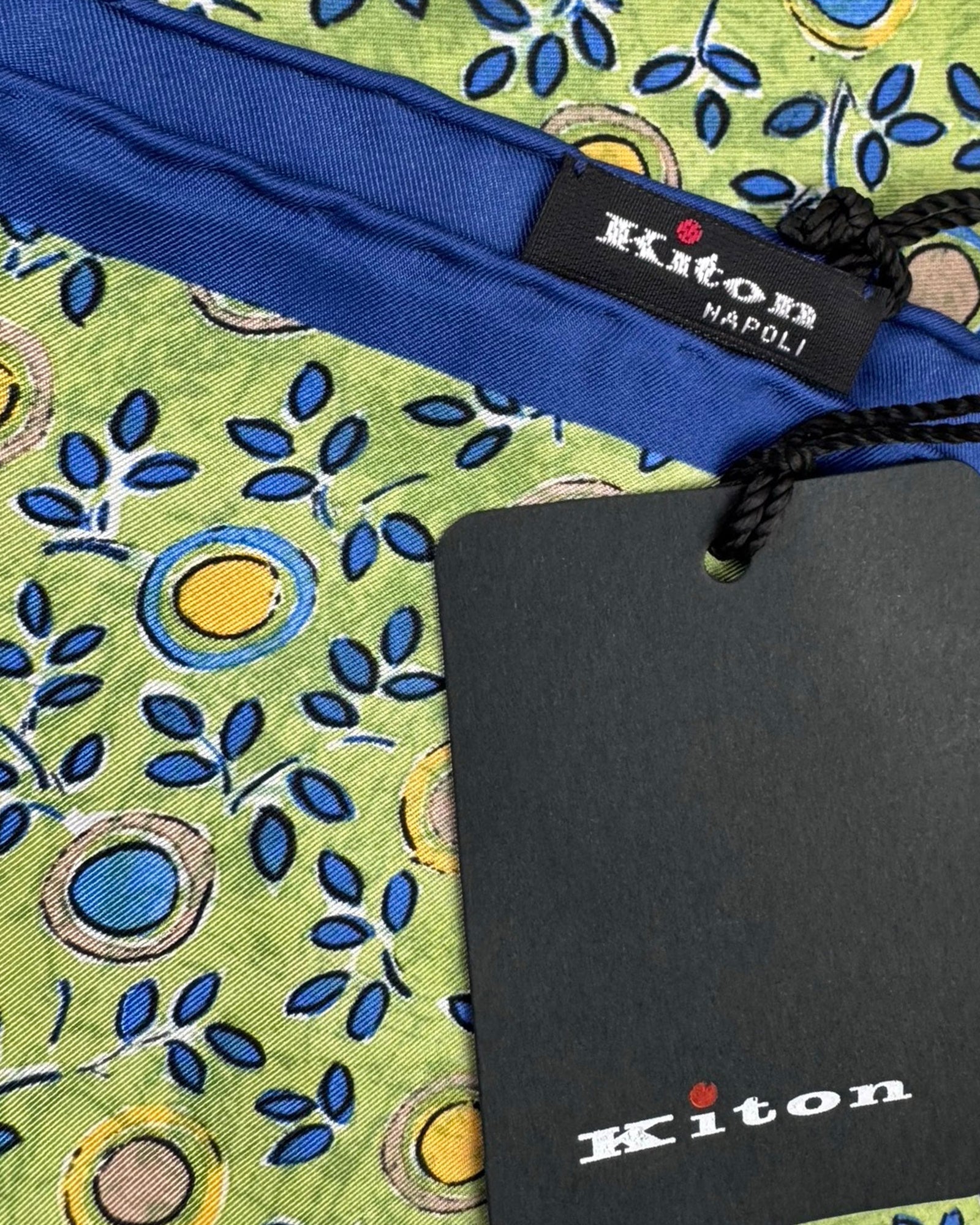 Kiton Silk Pocket Square Green Navy Floral