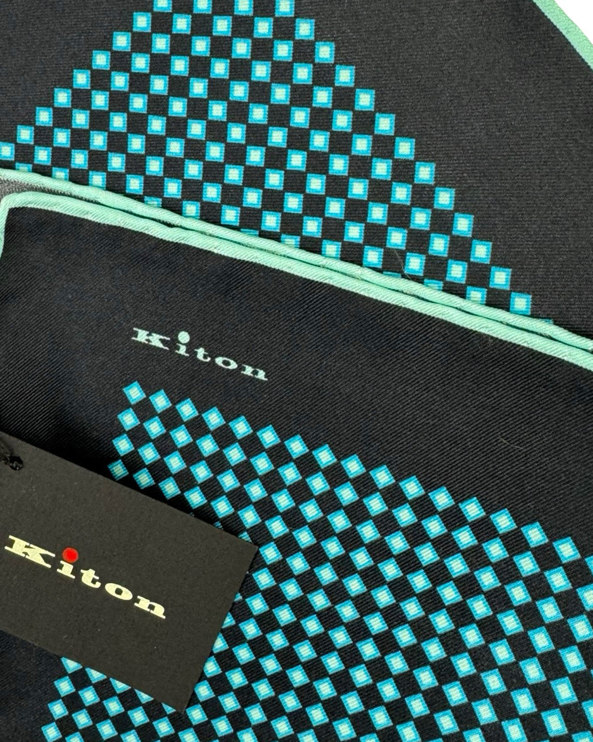 Kiton Silk Pocket Square Black Aqua Geometric Design