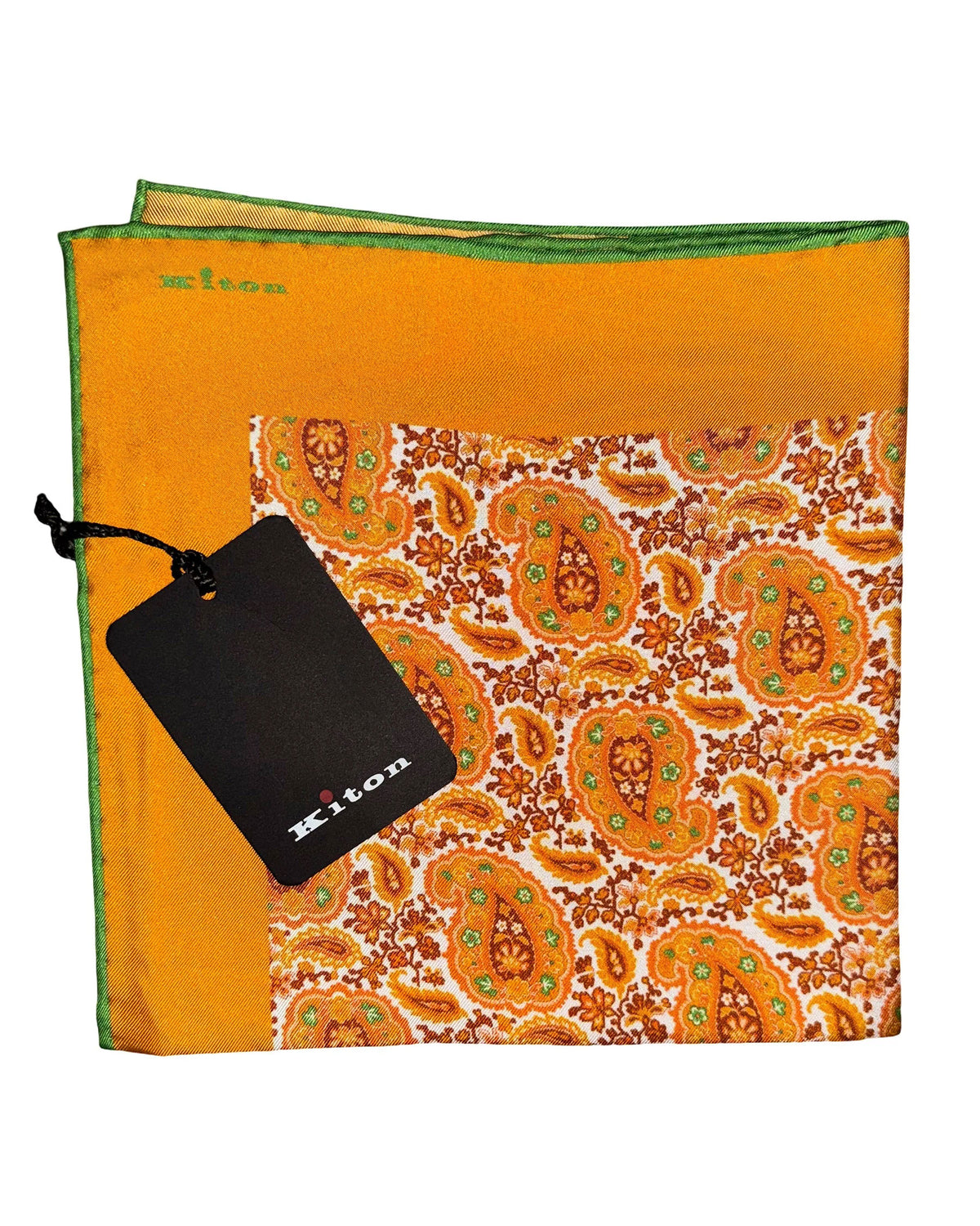 Kiton Silk Pocket Square Orange Paisley