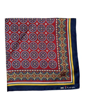 Kiton Silk Pocket Square Bordeaux Navy Medallion