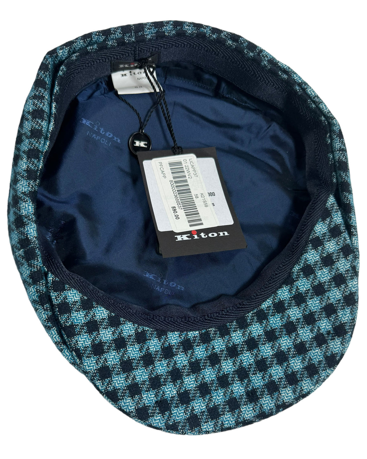 Kiton Flat Cap Cashmere Wool Aqua Black Gingham Form Beret