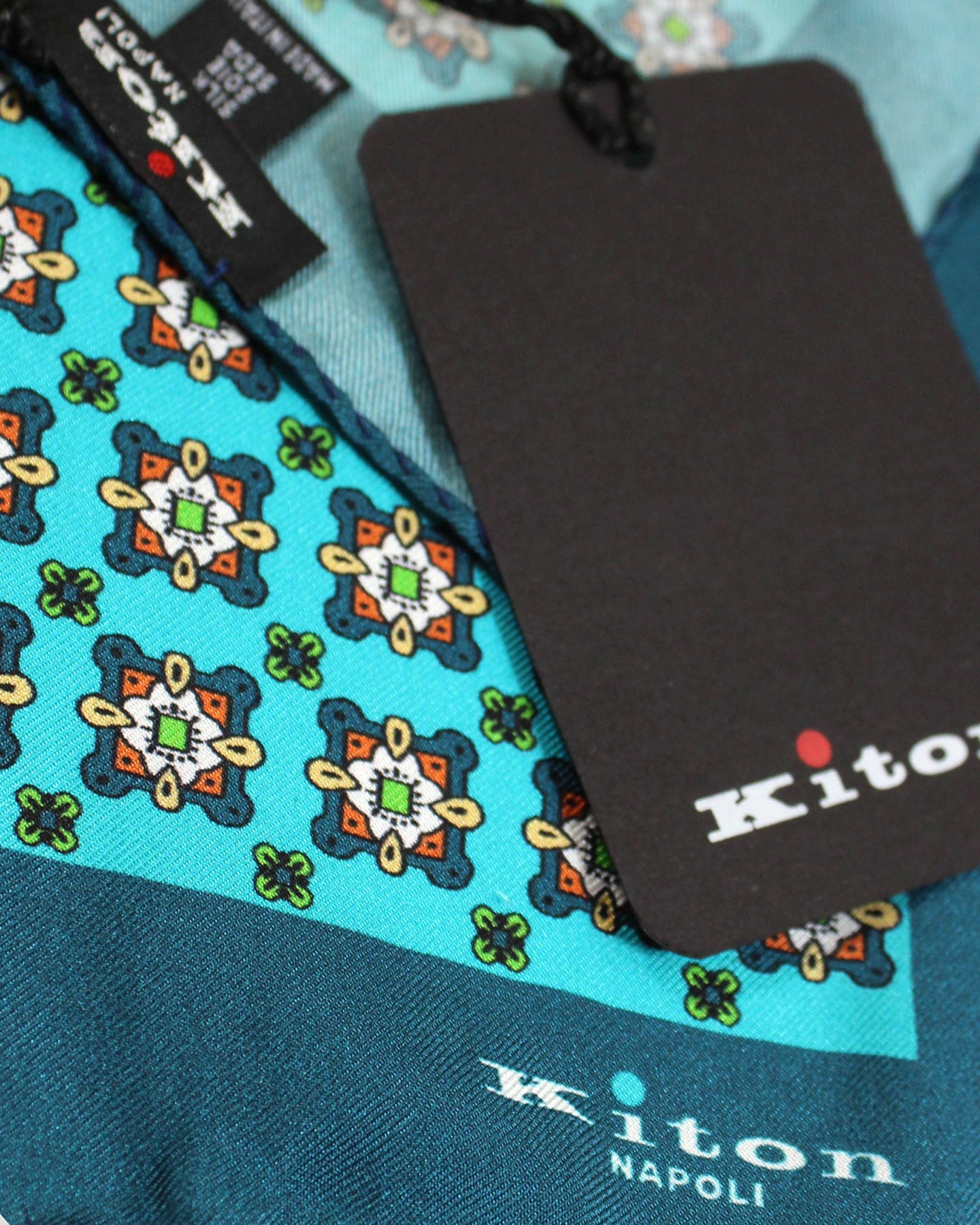 Kiton Silk Pocket Square Aqua Medallions