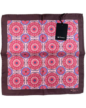 Kiton Silk Pocket Square Pink Brown Floral Medallions