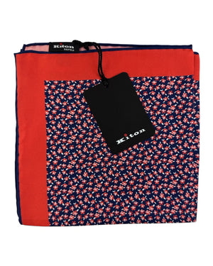 Kiton Silk Pocket Square Navy Pink Mini Flowers