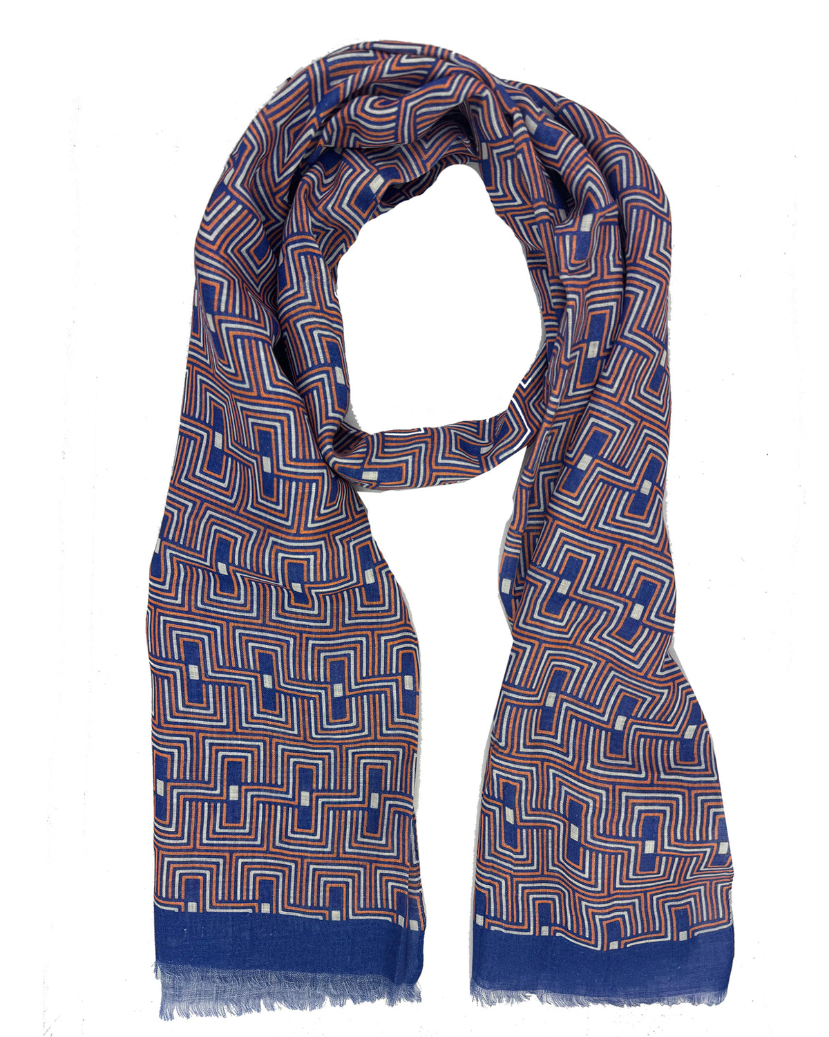 Kiton Scarf Blue Orange White Geometric Design - Lightweight Linen Silk Shawl