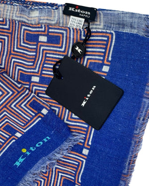 Kiton Scarf Blue Orange White Geometric Design - Lightweight Linen Silk Shawl