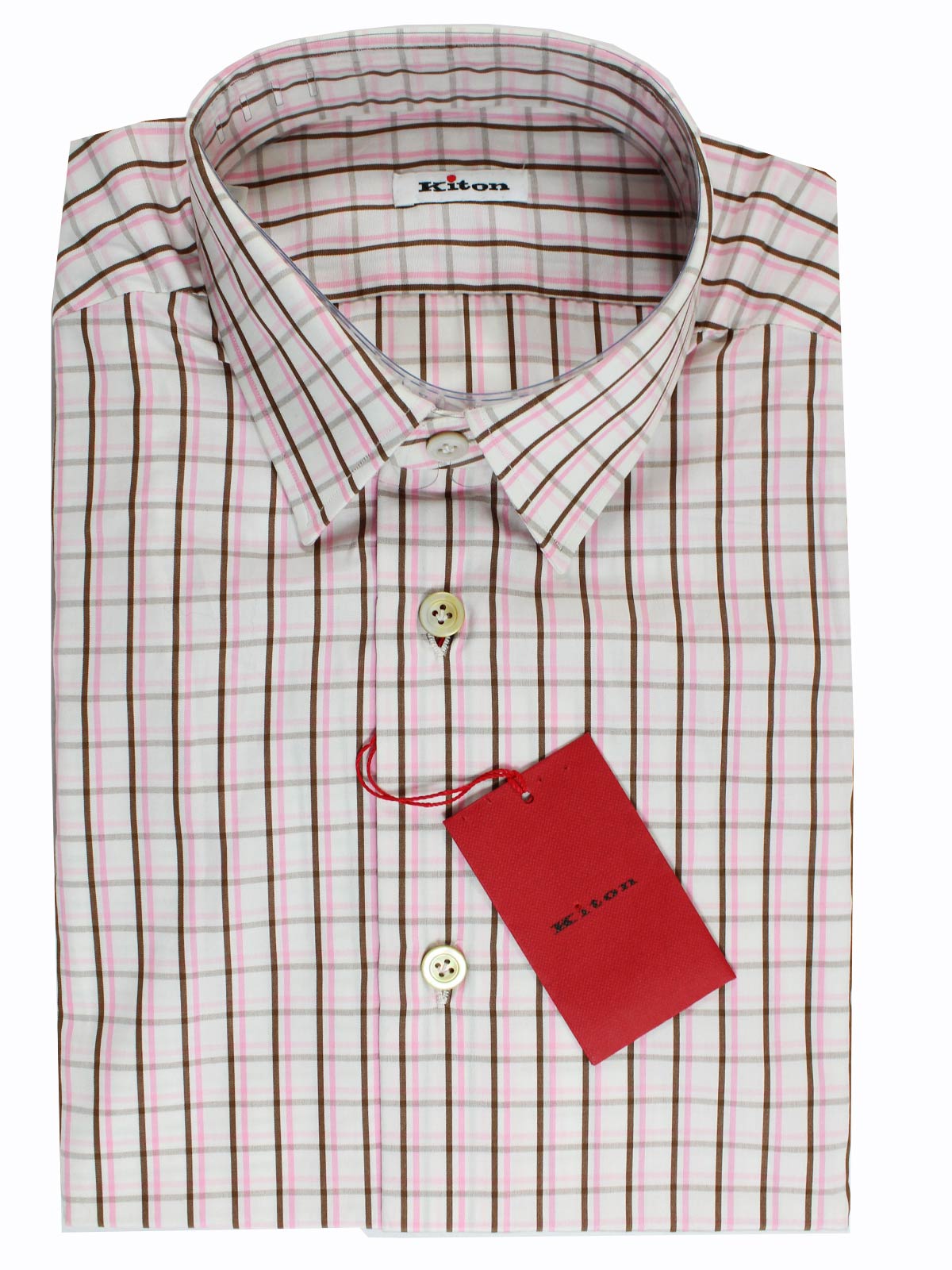 Kiton Short Sleeve Shirt White Pink Brown Check