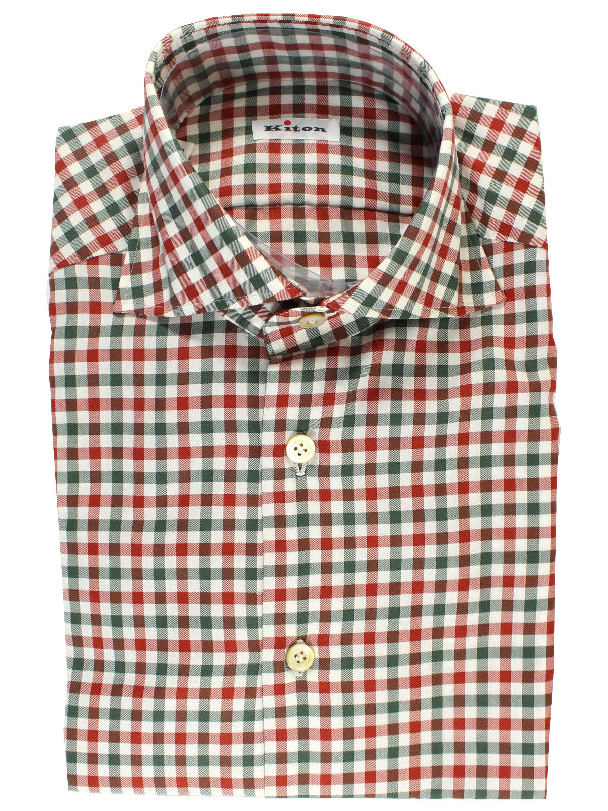 Kiton Sport Shirt White Gray Dark Red Gingham 40 - 15 3/4
