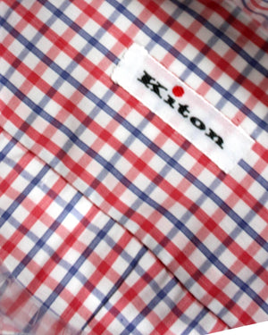 Kiton Short Sleeve Shirt White Red Royal Blue Check 37 - 14 1/2 REDUCED - SALE