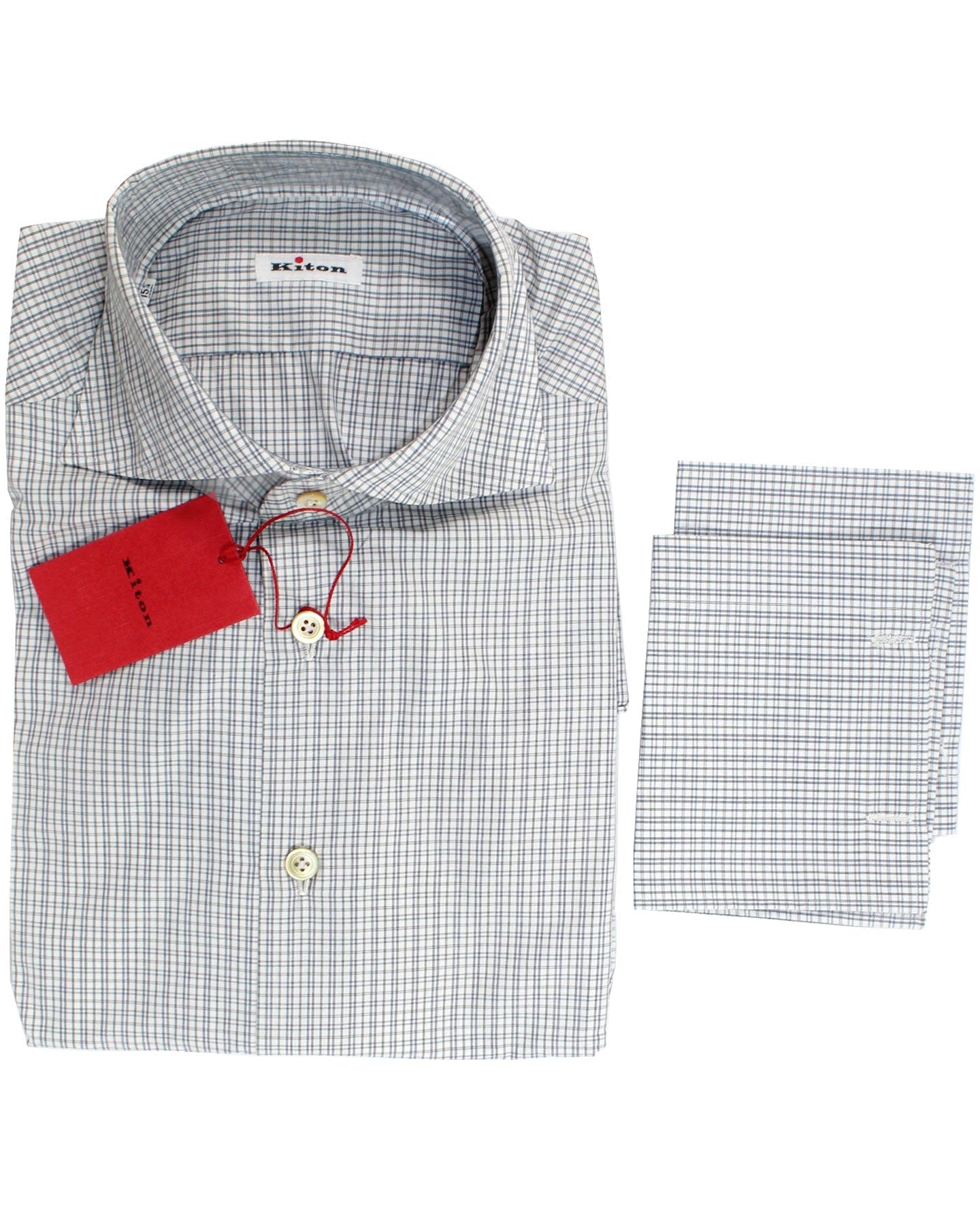 Kiton Dress Shirt White Navy Black Stripes 40 - 15 3/4