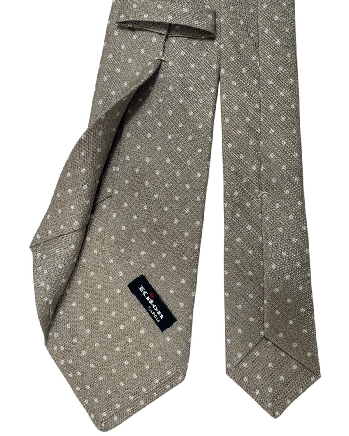 Kiton Tie Taupe White Dots - Linen Silk Sevenfold Necktie
