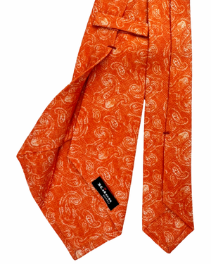 Kiton Sevenfold Silk Tie White Orange Paisley Design