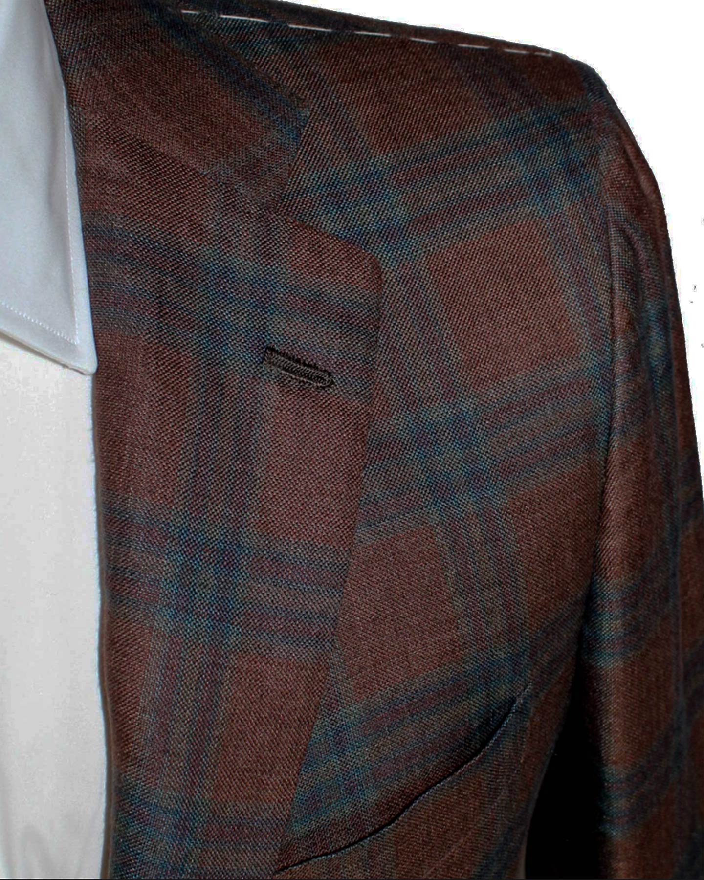 Kiton Sport Coat EU 48 - US 38 Brown Turquoise Plaid Linen Cashmere Unlined Blazer REDUCED SALE