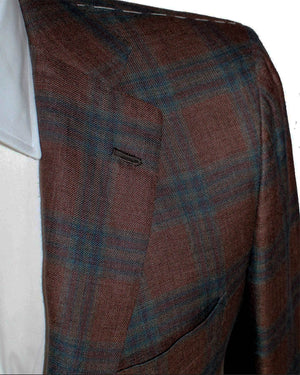 Kiton Sport Coat EU 48 - US 38 Brown Turquoise Plaid Linen Cashmere Unlined Blazer REDUCED SALE