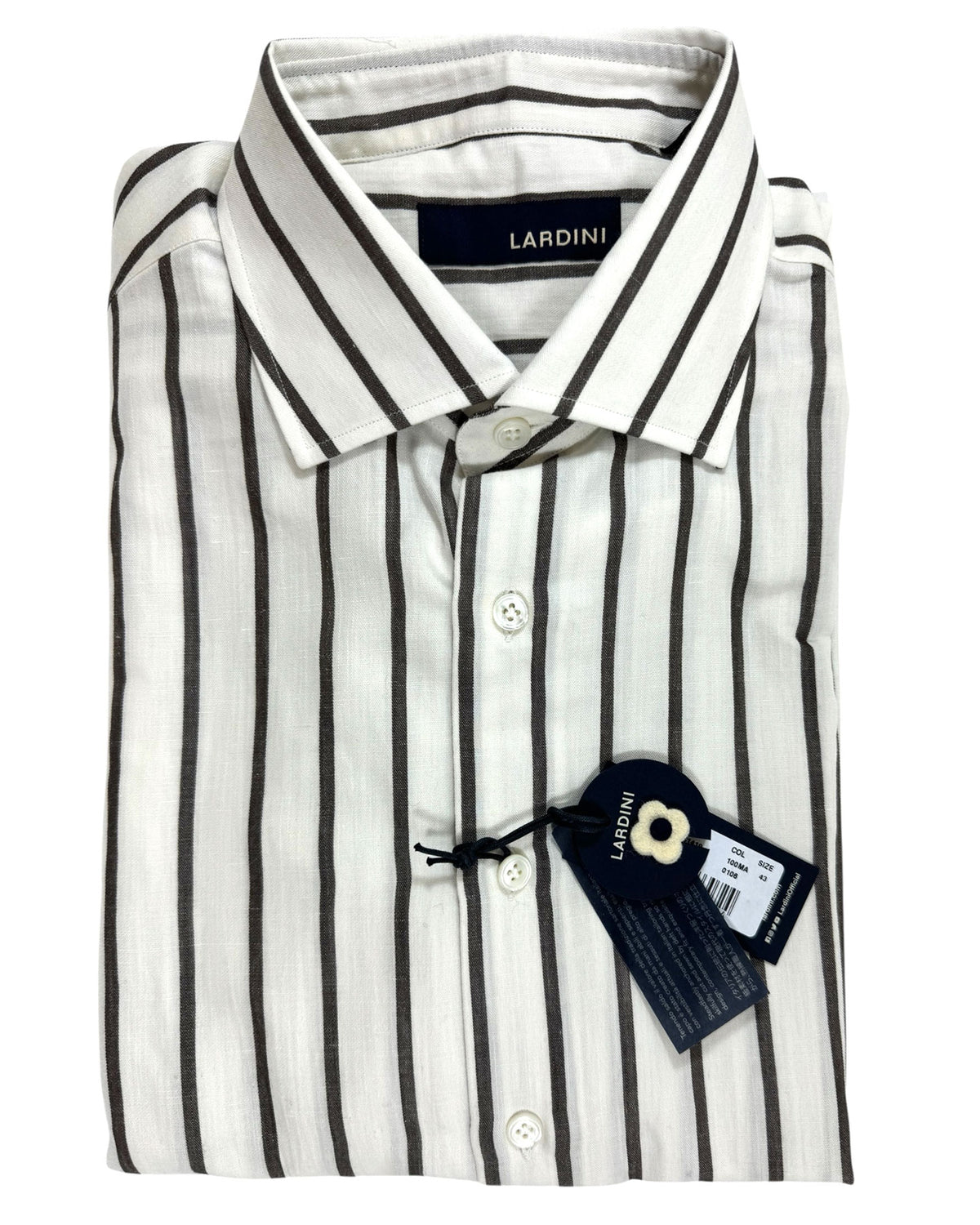 Lardini Dress Shirt White Brown Stripes Flax Wool Cotton 43 - 17 BLACK FRIDAY SALE