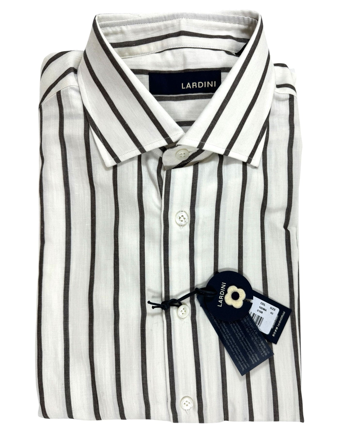 Lardini Dress Shirt White Brown Stripes Flax Wool Cotton 43 - 17 BLACK FRIDAY SALE