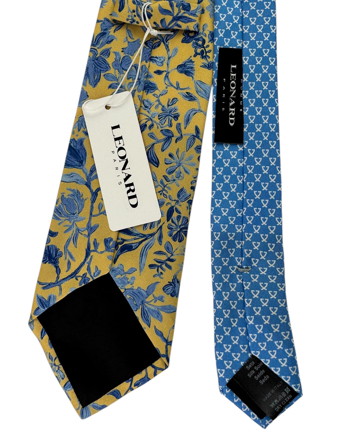 Leonard Paris Silk Tie Golden Yellow Blue Floral Botanical