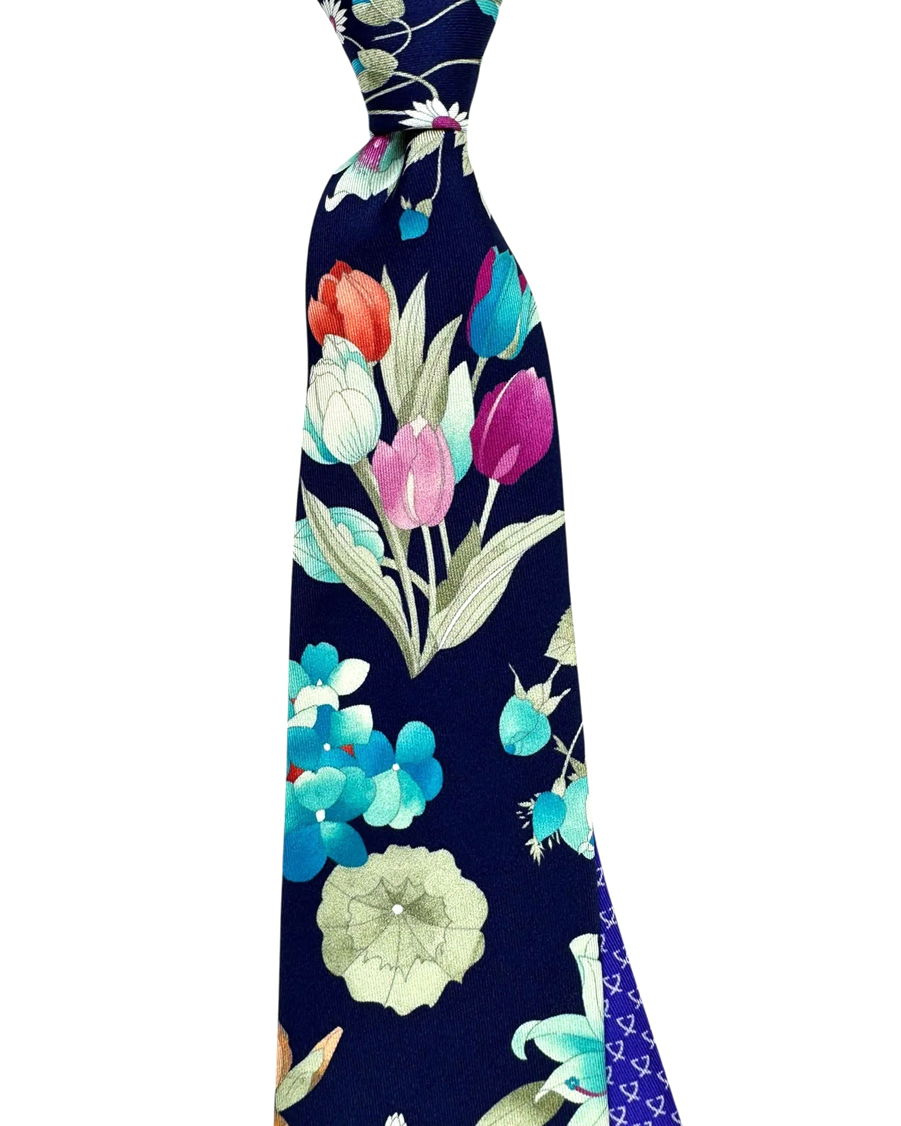Leonard Paris Silk Tie Navy Garden Floral with Turquoise Blooms