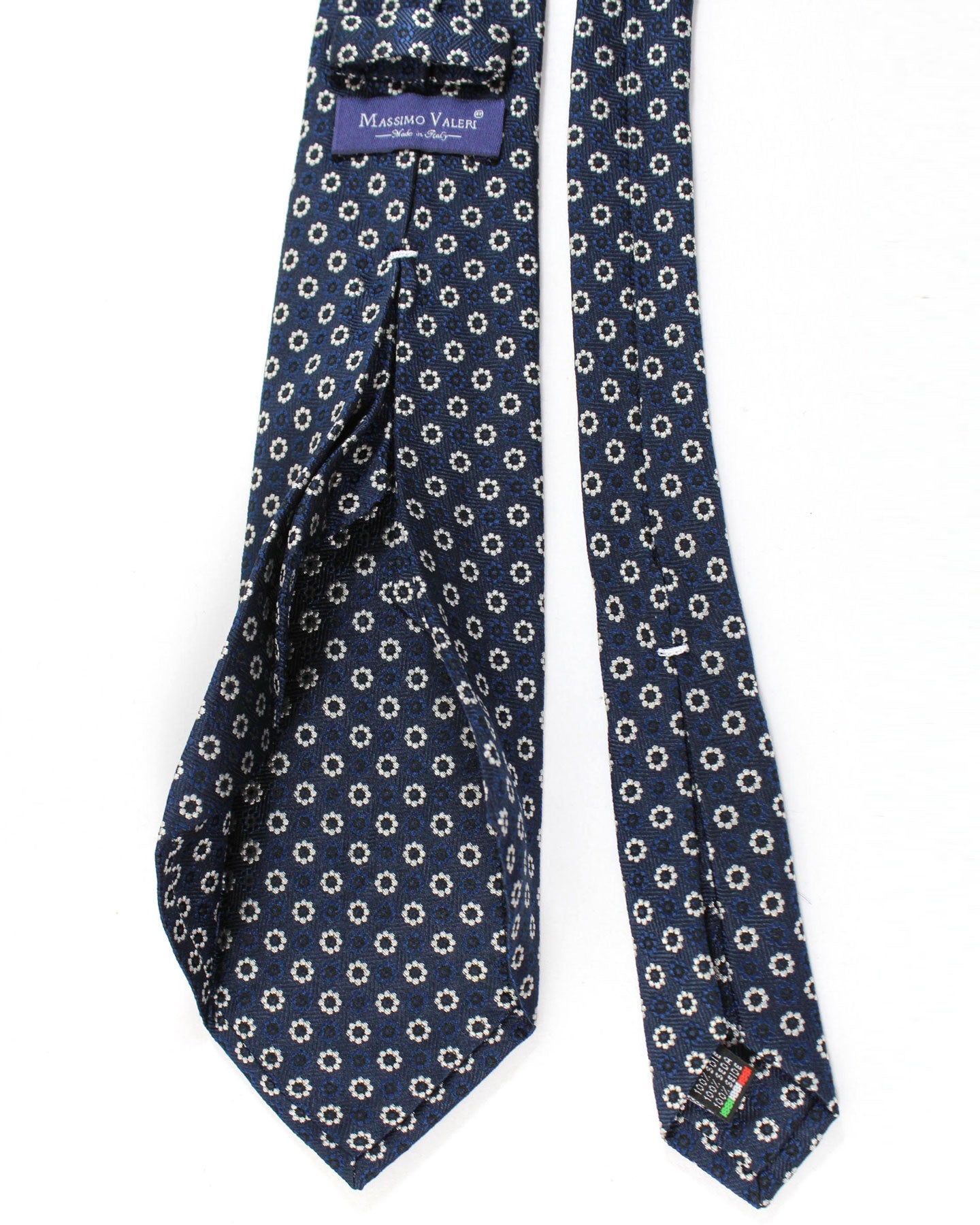 Massimo Valeri 11 Fold Tie Dark Blue Black Silver Mini Floral - Elevenfold Necktie