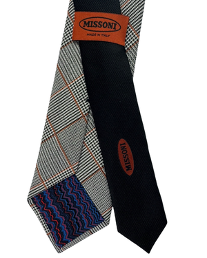 Missoni Silk Tie Black White Orange Mini Houndstooth Plaid Pattern