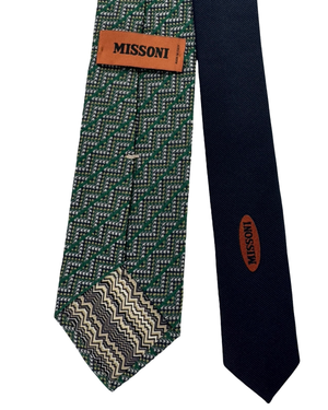 Missoni Silk Tie Green Black Silver ZigZag Pattern