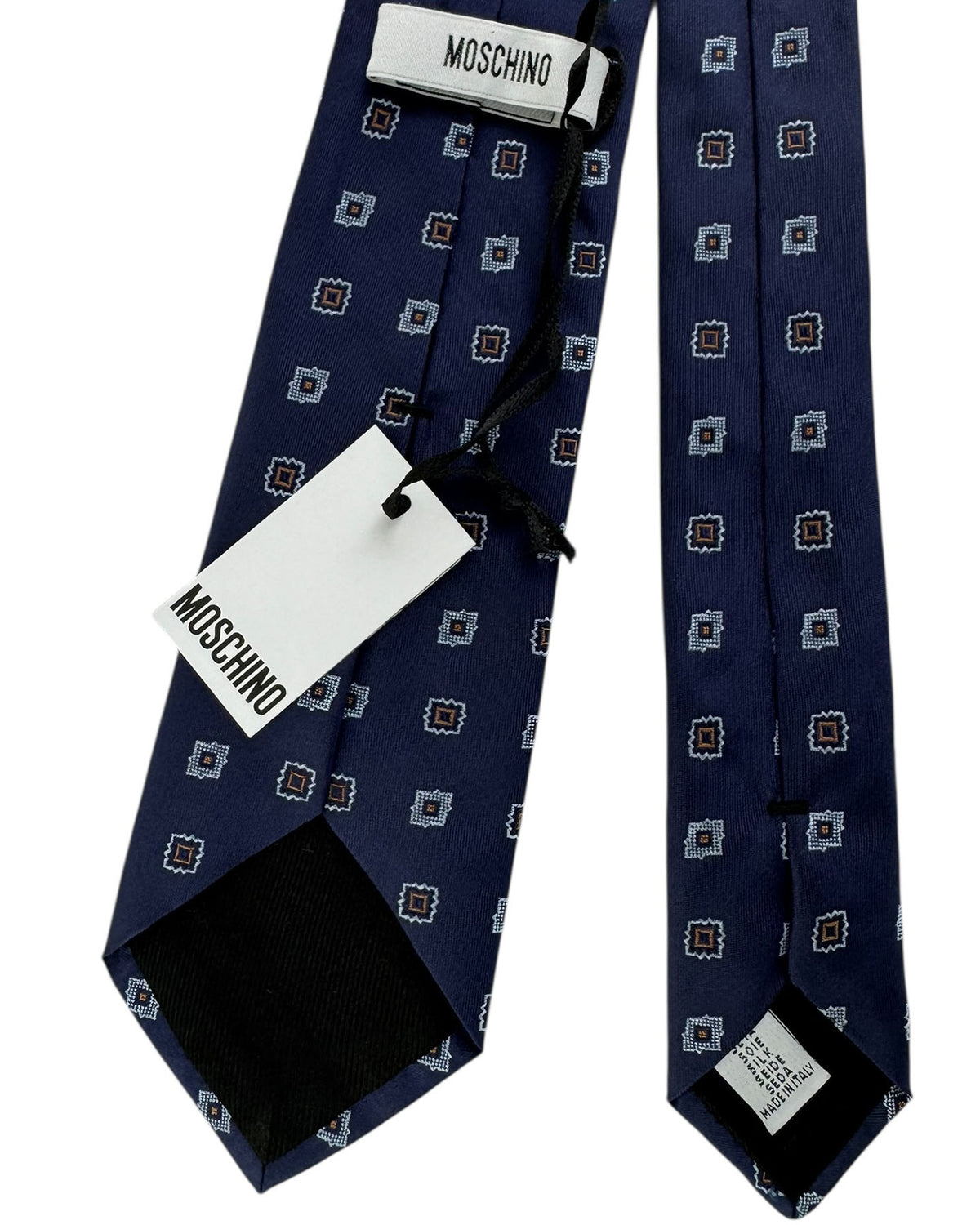 Moschino Silk Tie Navy Blue With Geometric Square Foulard Pattern