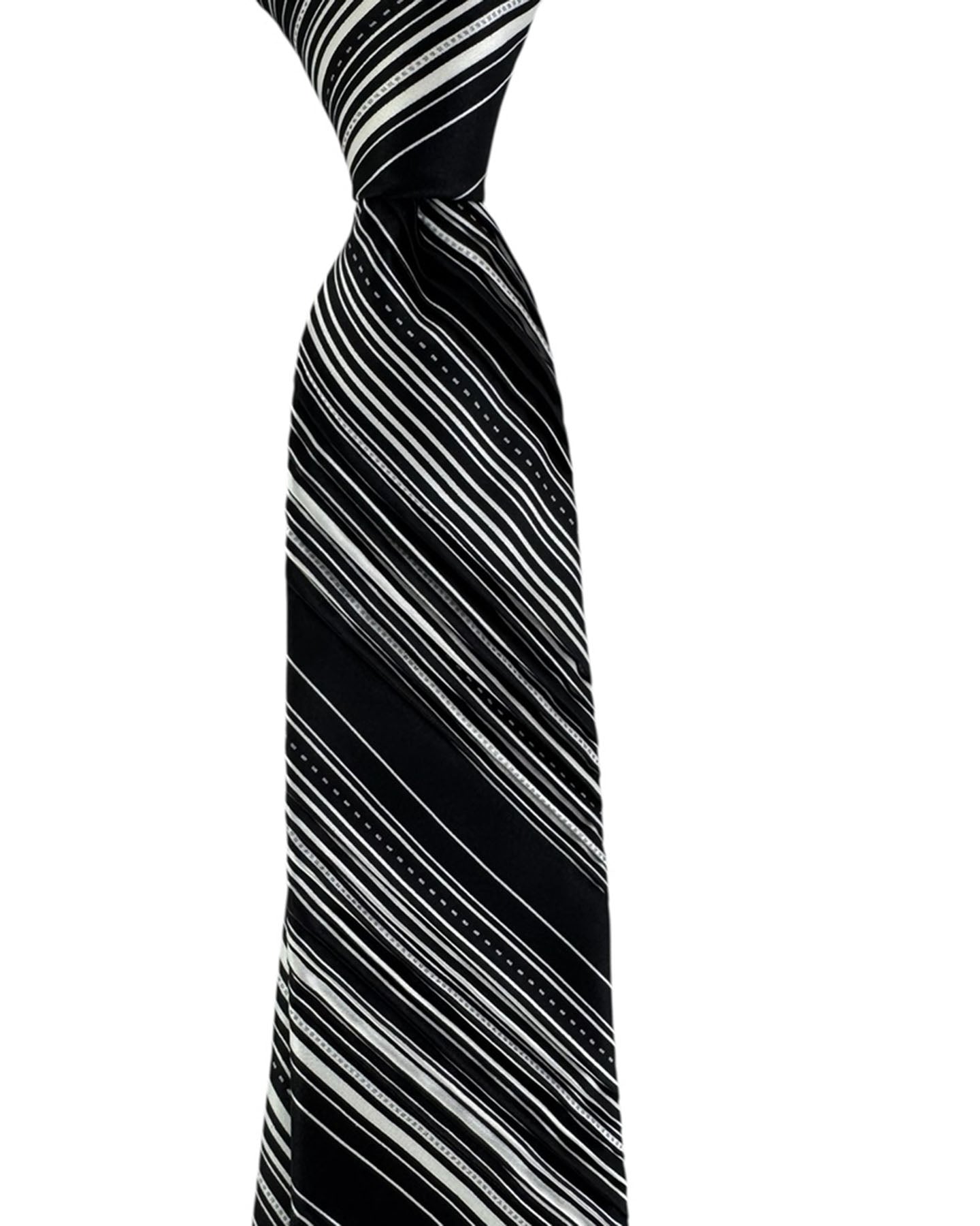 Vitaliano Pancaldi Pleated Silk Tie Black and Gray Monochrome Stripe