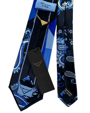 Vitaliano Pancaldi Silk Tie Royal Blue Geometric with Paisley Accents