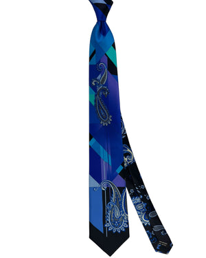 Vitaliano Pancaldi Silk Tie Royal Blue Geometric with Paisley Accents