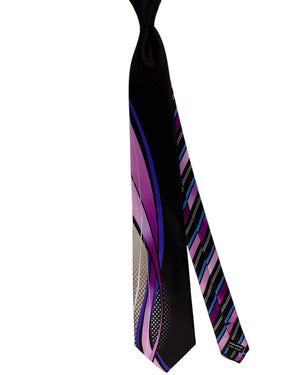 Vitaliano Pancaldi Silk Tie Black with Purple Geometric Stripes
